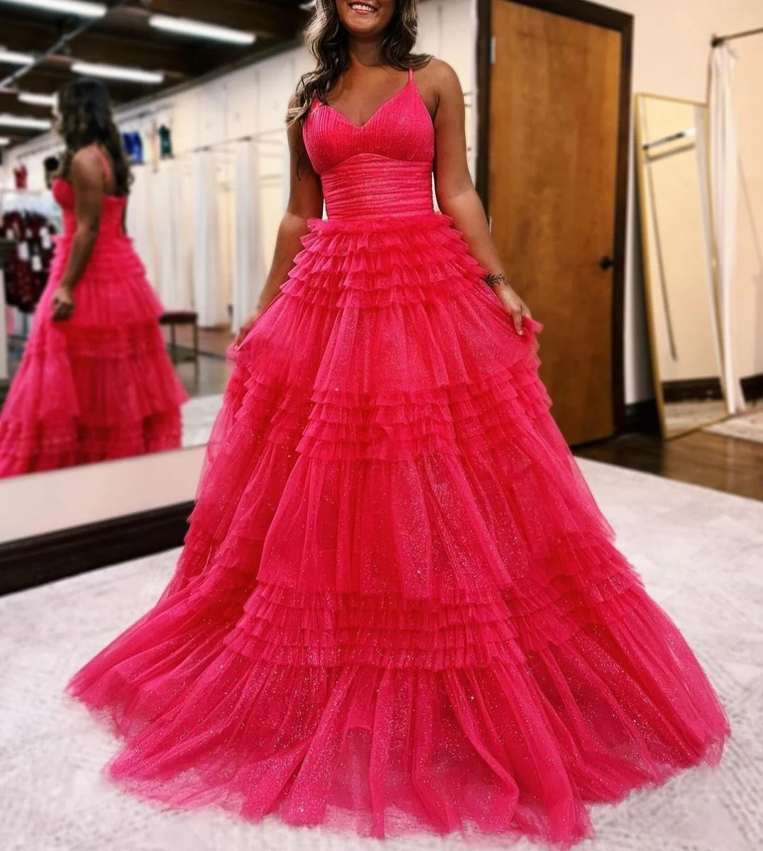A-Line Deep V Neck Tiered Long Glitter Tulle Prom Dress