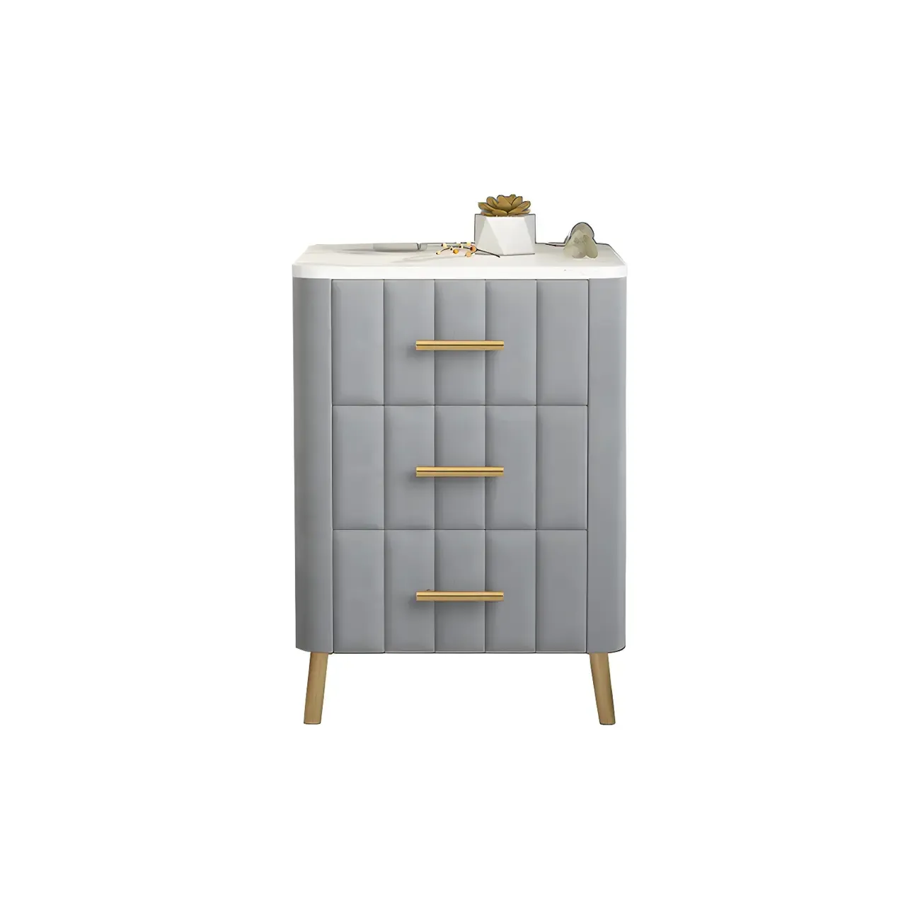 Glam Pink Leather Bedside Table with Marble Top 3 Drawers