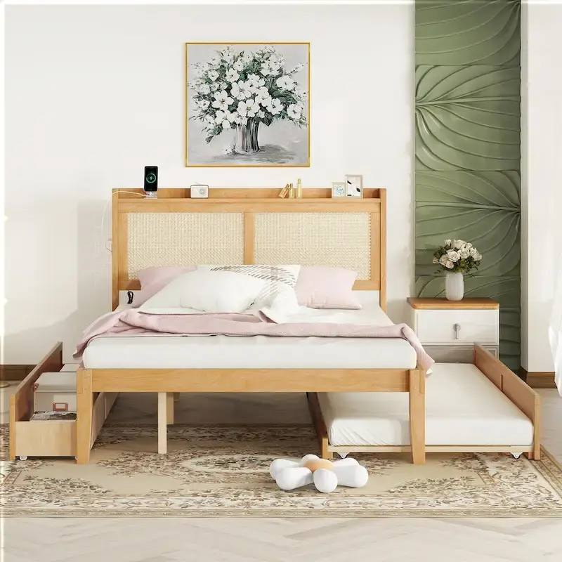 Walnut/White Rattan Headboard Storage Bed with LED & USB, Queen/Full, 2-Person