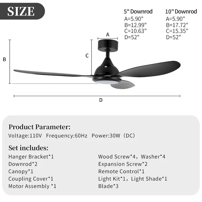 OVIOS Elegant 52-inch 2-in-1 Ceiling Fan Light with Remote Control