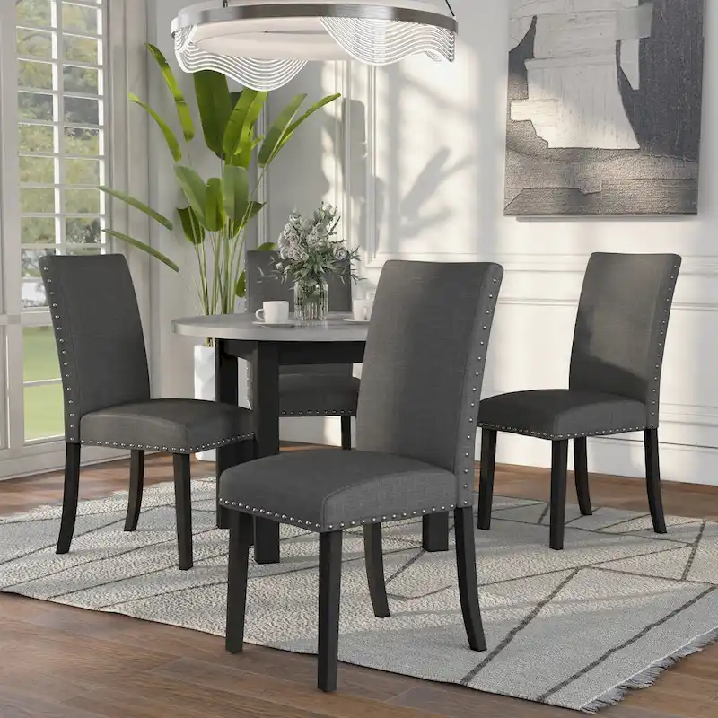 Brushed Brown Grey Faux Marble Round Dining Table Set, Contemporary Style, Seats 4