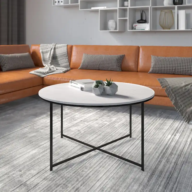 Black Round Glass Coffee Table with Metal Frame