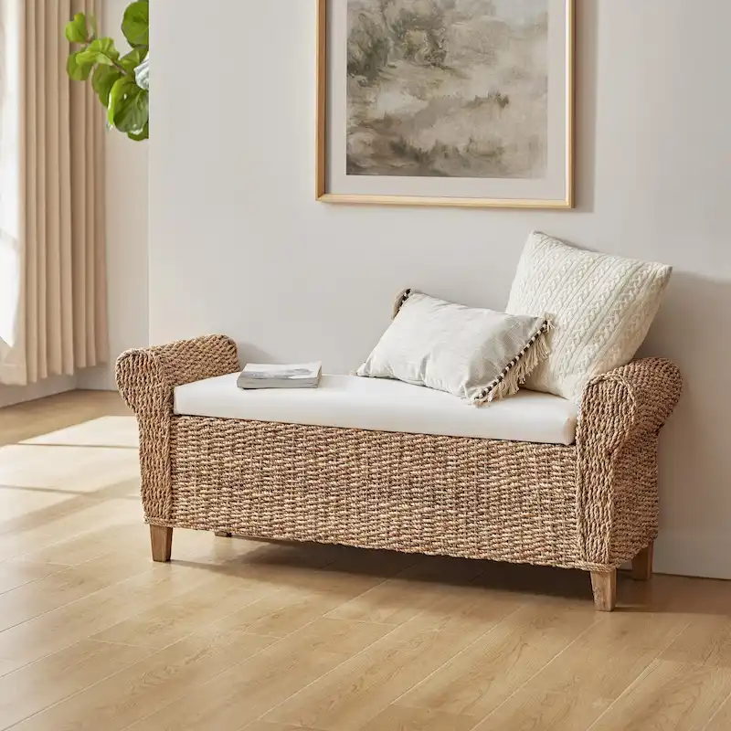 Boho Farmhouse Ratten Storage Bench with Hollow-Carved Designs
