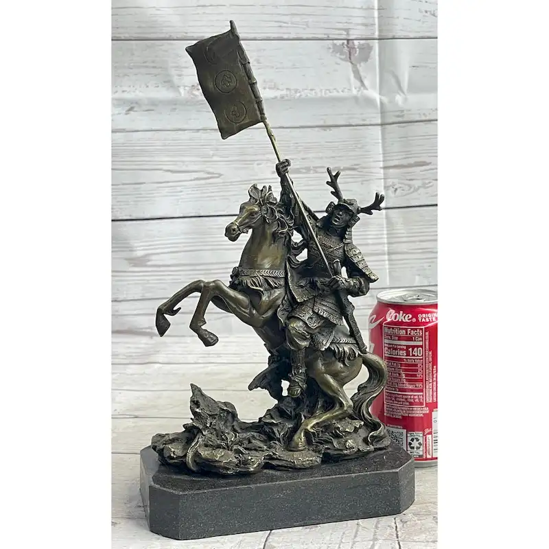 Japanese Samurai Warrior On Horseback W/ Battle Flag Bronze Sculpture Statue By Kamiko