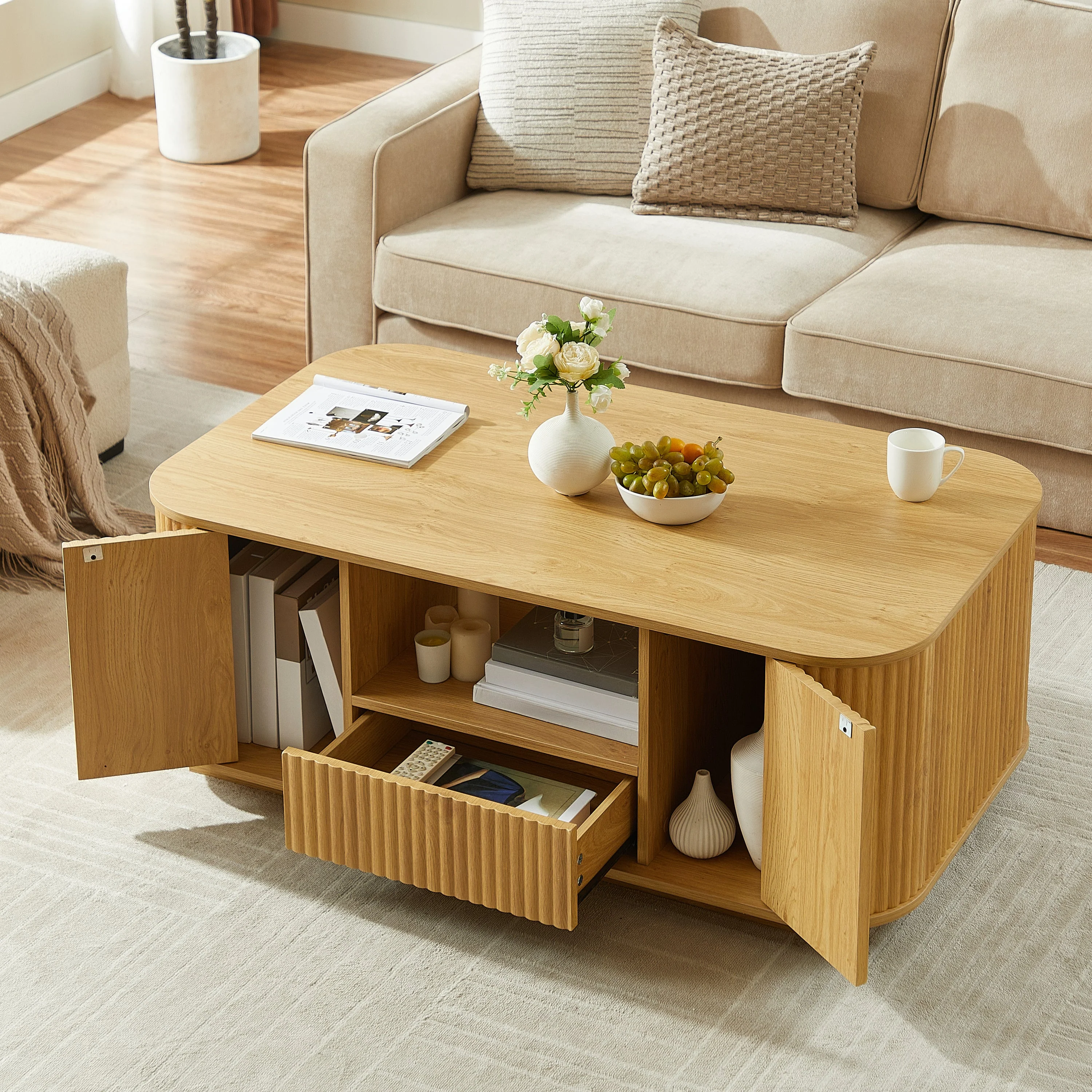 Walker Edison | Reeded Modern Curve Design Storage Coffee Table