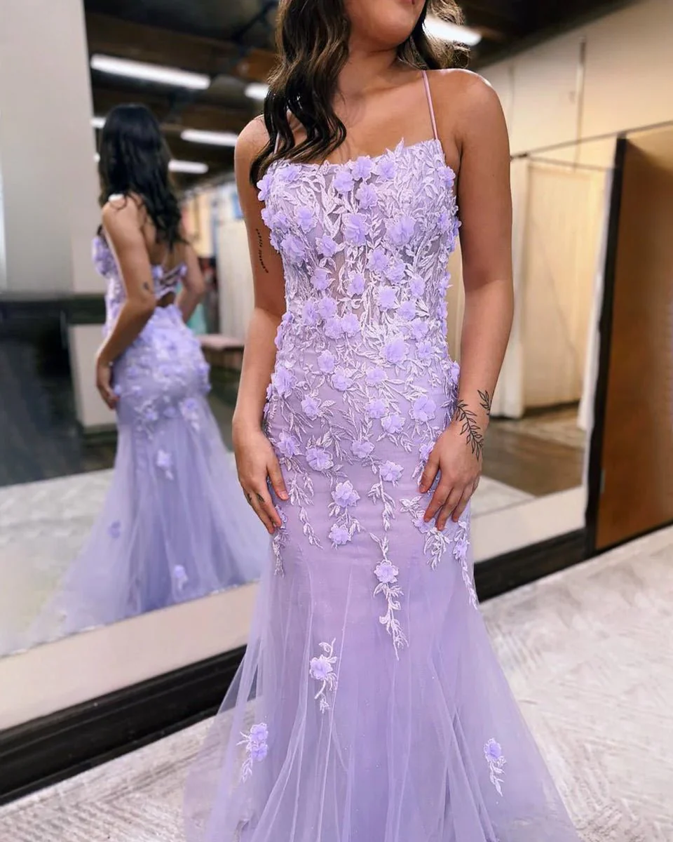 Lilac Mermaid Scoop Neck Prom Dress with Appliques
