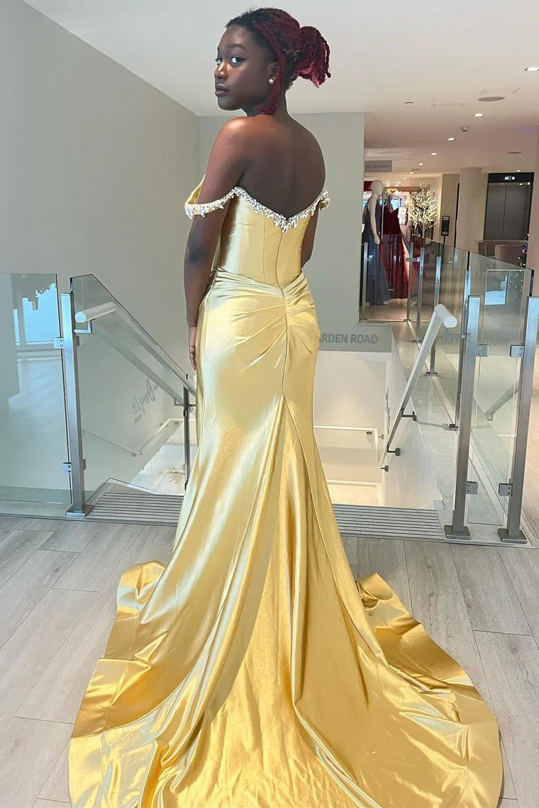 Mermaid Off The Shoulder Red Satin Slit Prom Dress with Beading