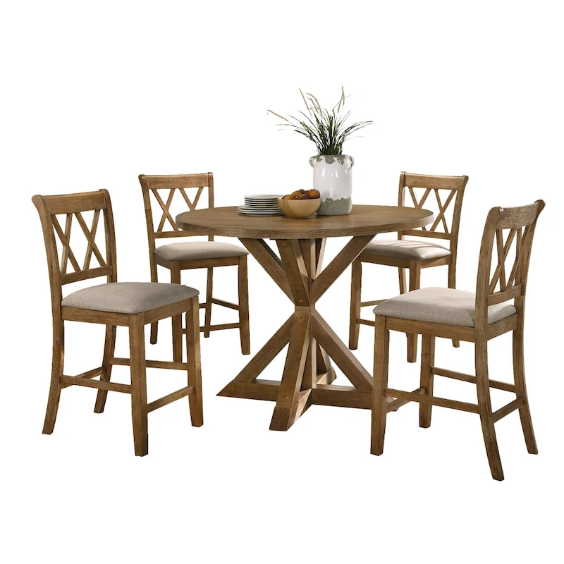 Wooden Round Dining Table and Chair Sets Rustic Farmhouse Dining Table and Chair Sets with Crossbuck Pedestal Table Base