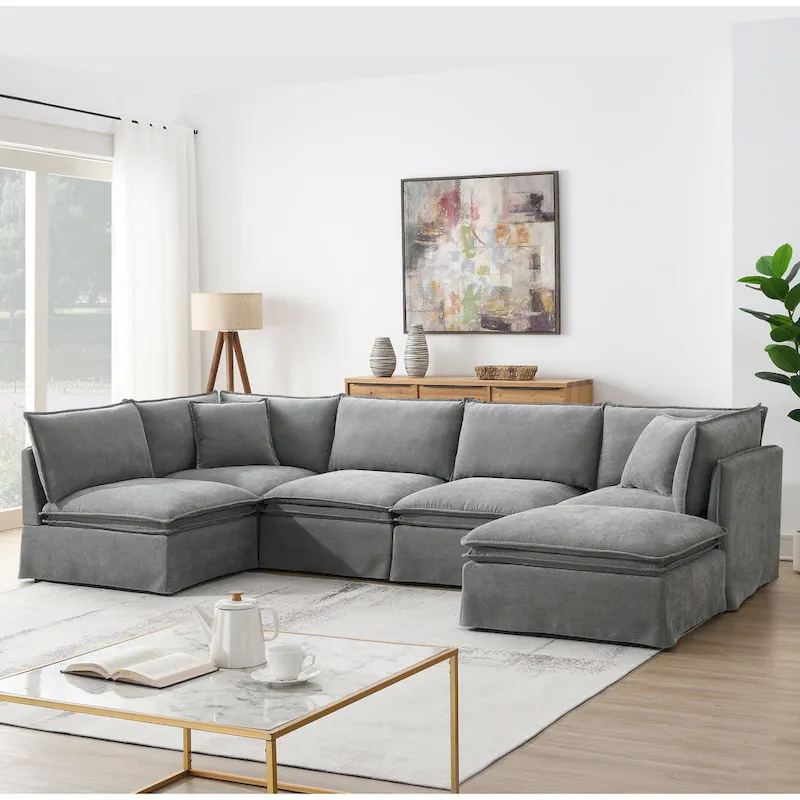 L Shaped Modular Sectional Chenille Sofa with Movable Ottoman
