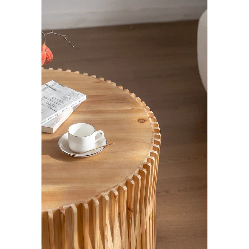 Retro Fashion Style Cylindrical Coffee Table with Vertical Texture Relief Design