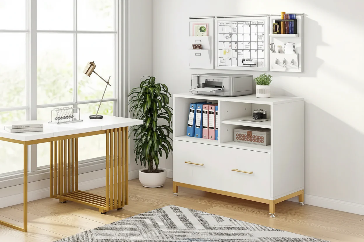 White & Gold Lateral File Cabinet – Modern Style, 2-Person Assembly