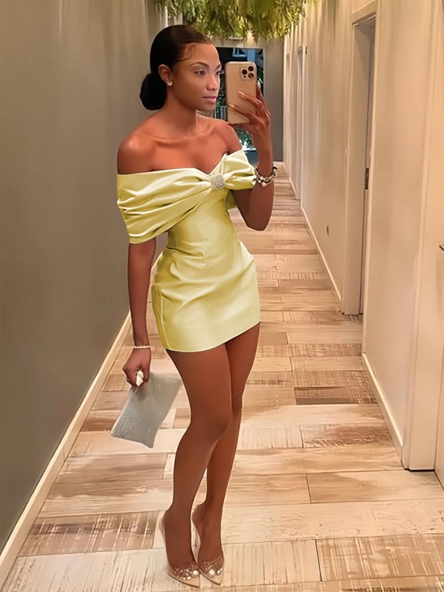 Yellow - Off The Shoulder Satin Bodycon Short Homecoming Dress With Beading