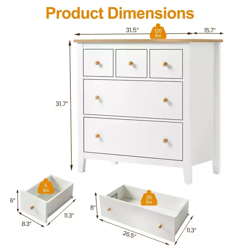 5 Drawer Dressser with Solid Wood Knobs