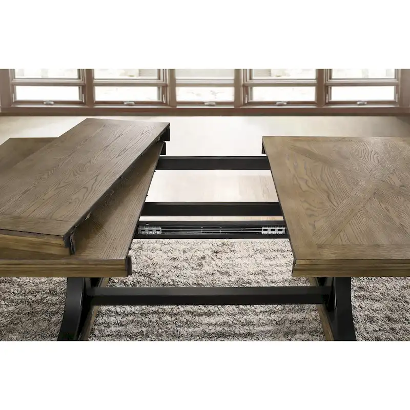 Rustic Dining Table with Removable Leaf & 8 Upholstered Chairs – Brown / Driftwood, Seats 8