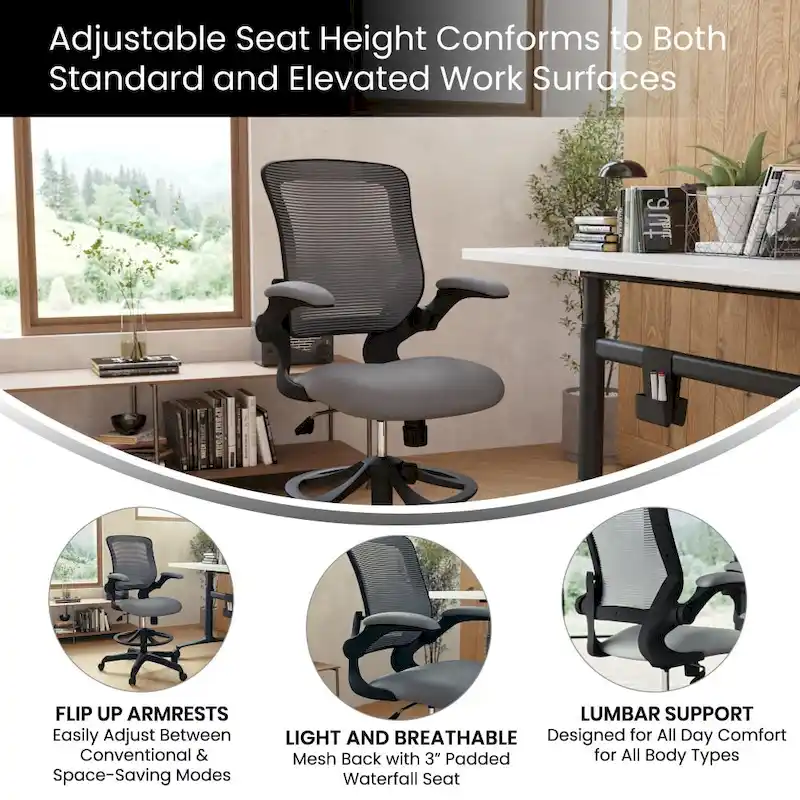 Mid-Back Mesh Ergonomic Drafting Chair with Foot Ring and Flip-Up Arms