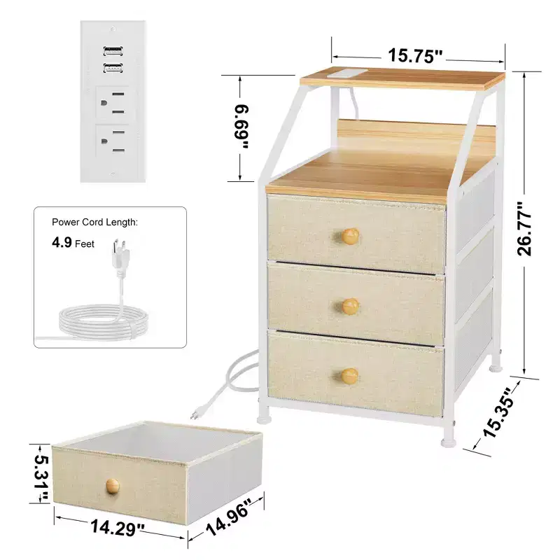 REAHOME 2 Shelf 3 Drawer Modern Bedroom Nightstand End Table Storage Unit Organizer with Charging Station for Bedroom, Living Room, and Office, Taupe