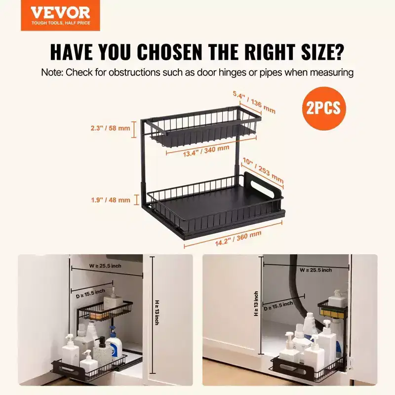 VIYET 2-Tier Pull Out Cabinet Organizer 2-Pack, 13H, Under Sink Storage Wire Basket Slide Out Drawer,black
