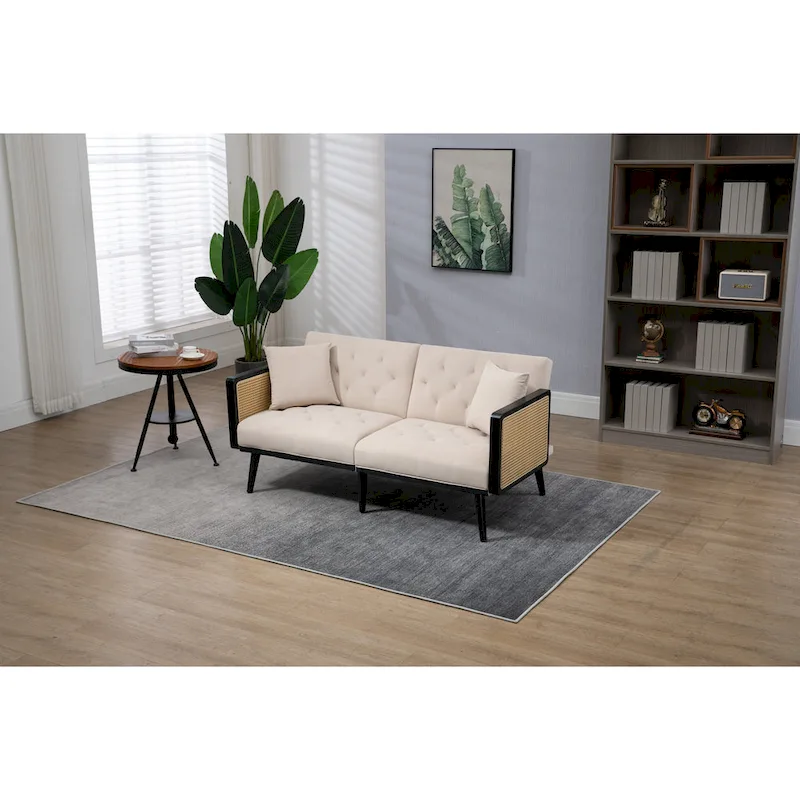 Velvet Upholstered Tufted Sleeper Loveseats Armsofa with Metal Feet