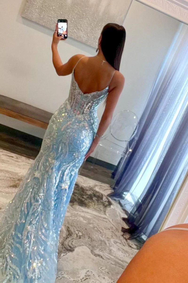 Straps Sky Blue V-Neck Sequin Appliques Mermaid Prom Dress