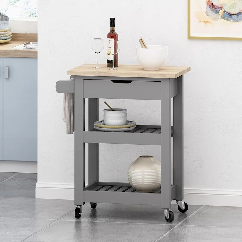 Compact Wooden Kitchen Cart with Wheels Shelves and Drawer by