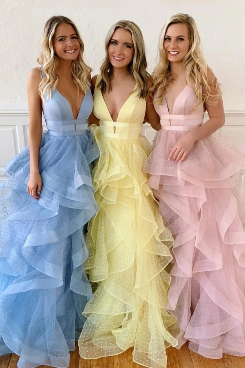 A-line V Neck Cascading Ruffles Long Prom Dress