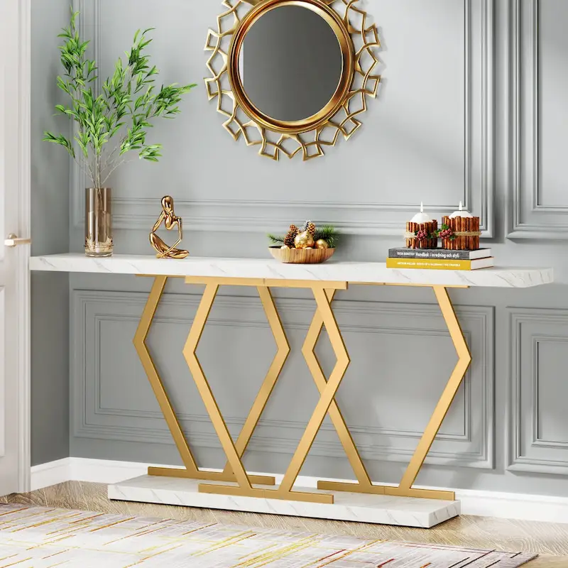 70.9 Inch Extra Long Modern Sofa Console Table with Faux Marble Tabletop Base Gold Frame for Living Room Entryway Hallway