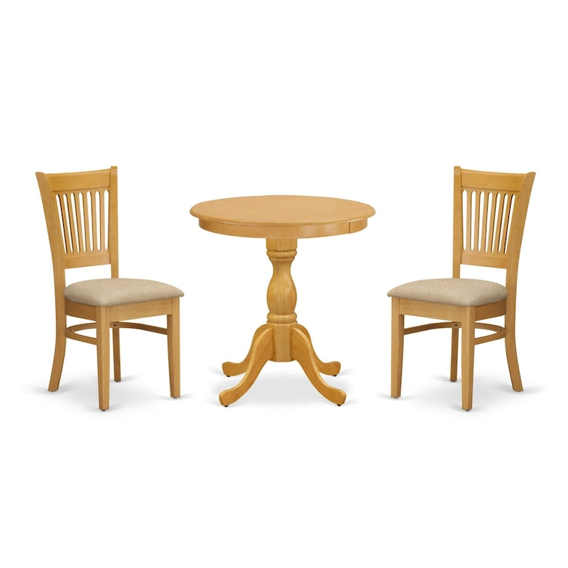 East West Furniture 3 Piece Dining Table Set Contains a Round Dining Room Table and 2 Kitchen Chairs, Oak (Seat Options)