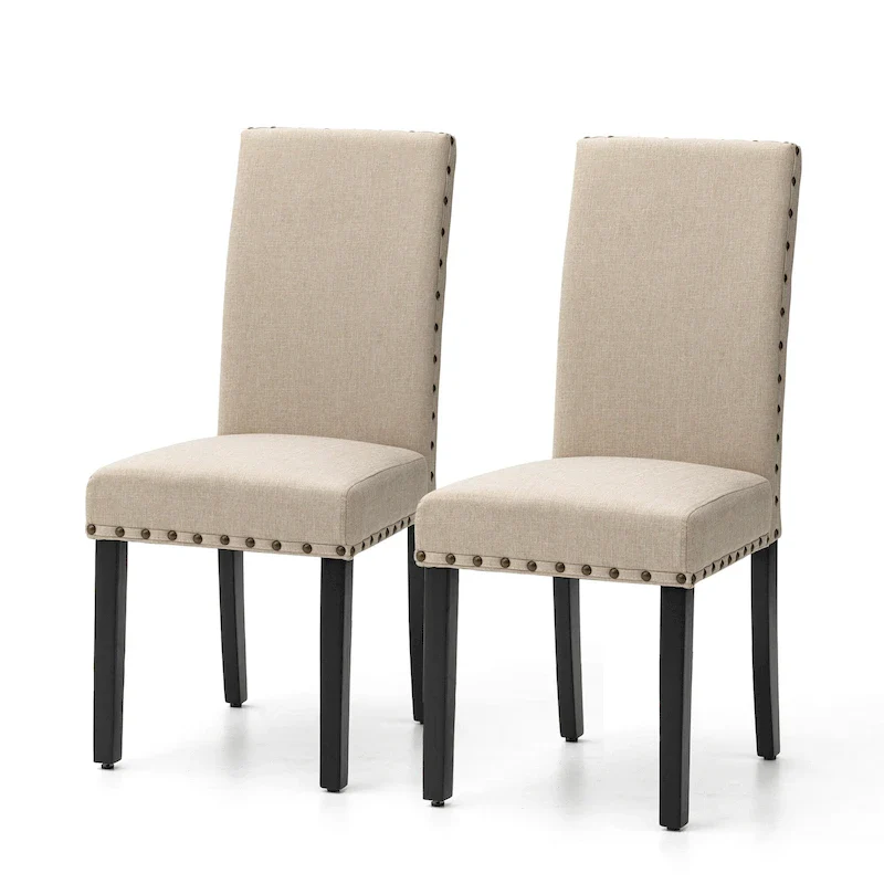 High Back Linen Fabric Dining Chairs with Nailhead Trim – Grey / Cream White / Tan