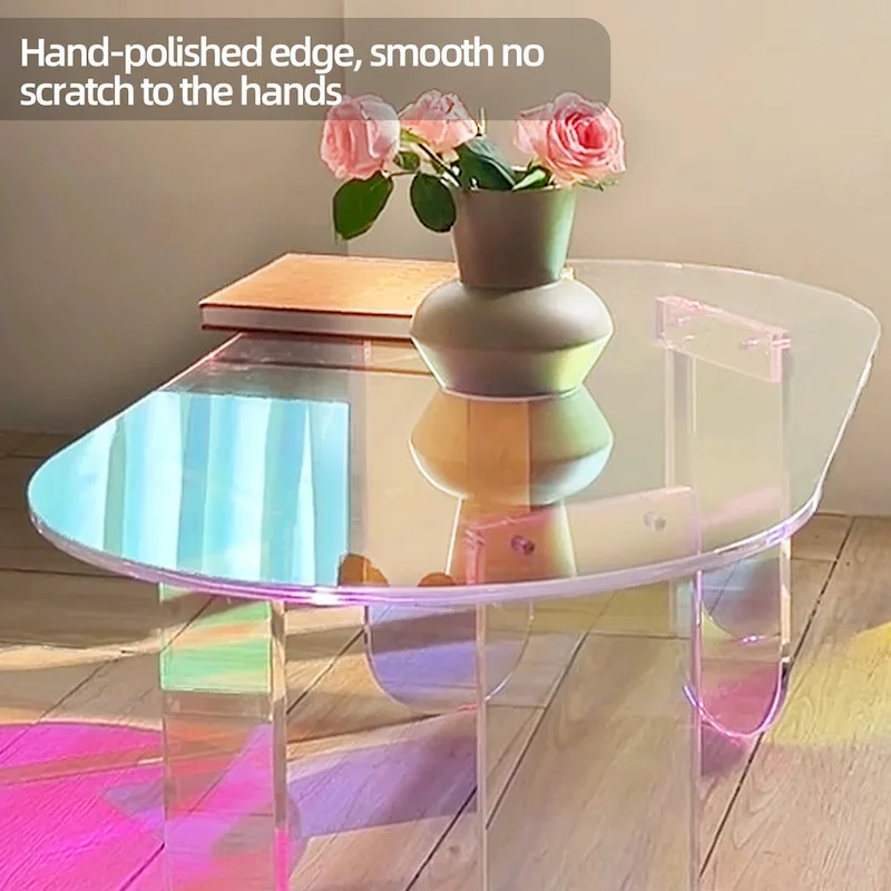 Iridescent Clear Acrylic Oval Side Table with 4 Geometric Legs – Modern