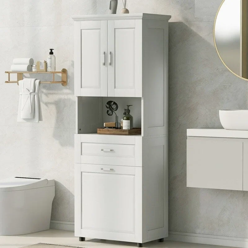 White Tall Bathroom Storage Cabinet with Tilt-Out Laundry Hamper, 1-Person