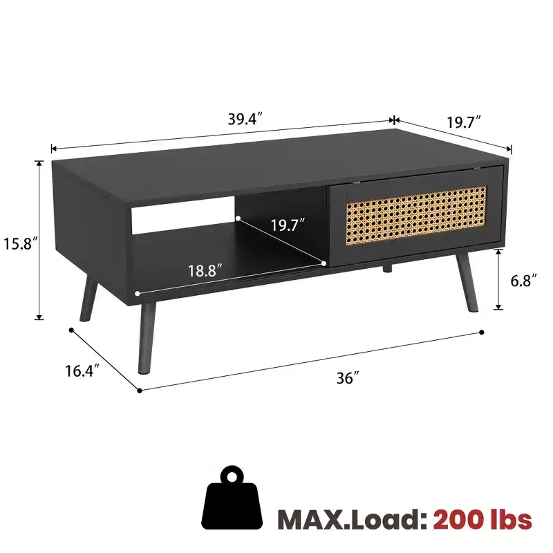 Mid Century Modern Coffee Table with Storage, 41.3 Inch Rectangle Wooden Accent Center Tables with Sliding PE Rattan Woven Door Panel and Wood Legs