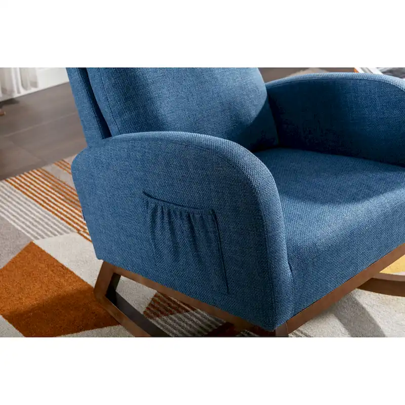 Blue 27 Upholstered Rocking Chair with Wood Legs and Convenient Side Pocket
