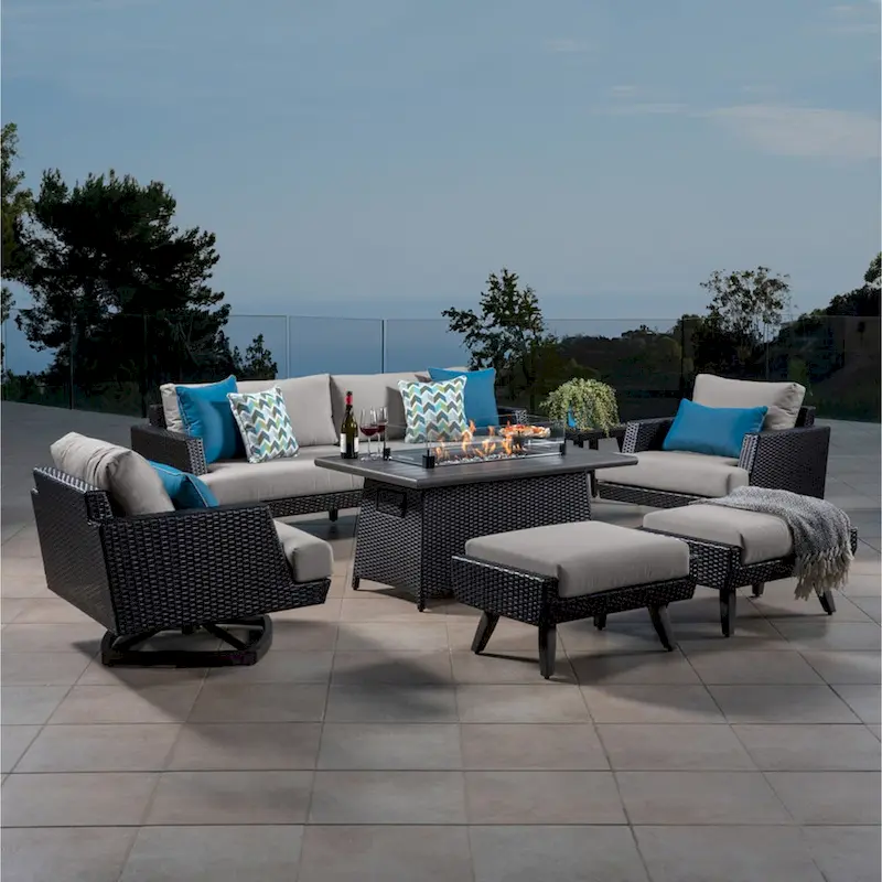 Portofino Casual 7 Piece Sunbrella Outdoor Patio Motion Fire Seating Set