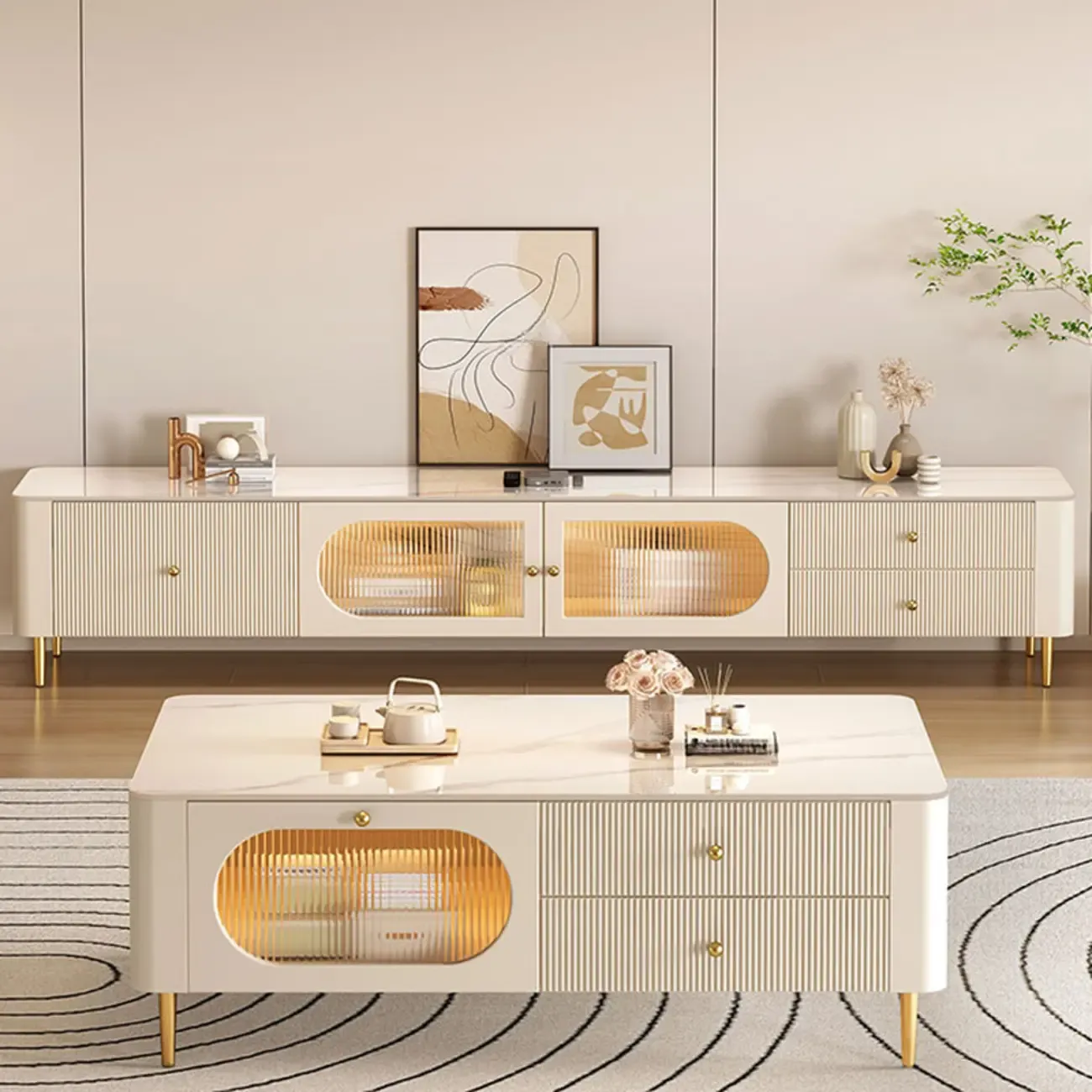 White Modern Marble Long TV Stand with Shelf