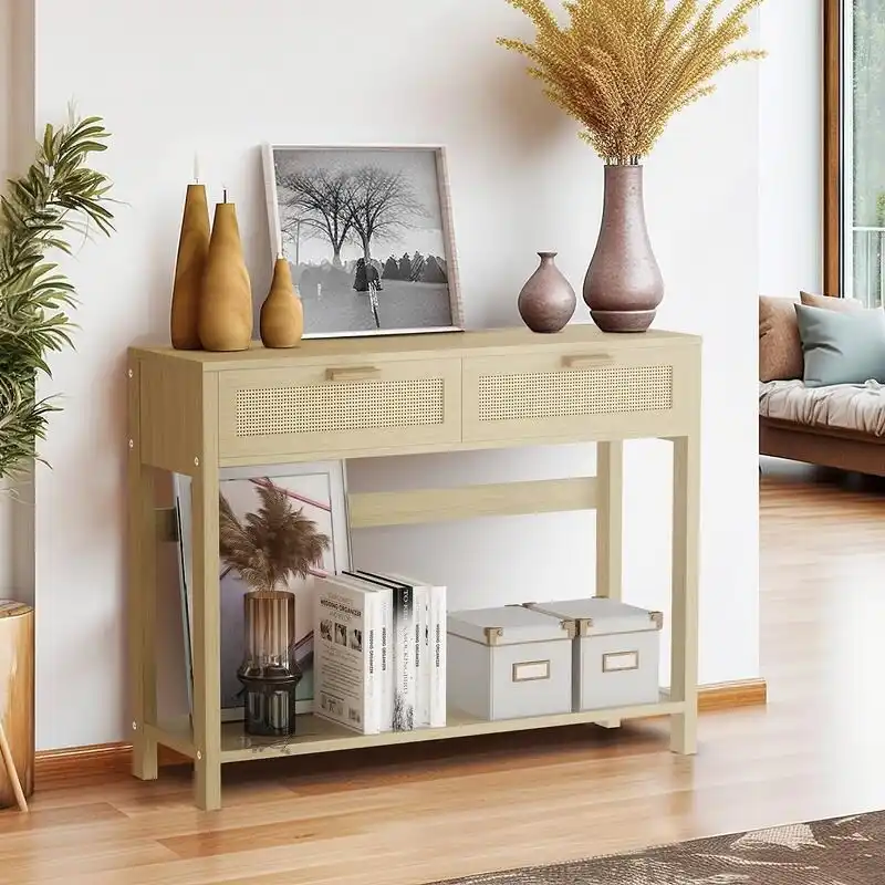 Farmhouse Rattan Console Table, 39 Sofa Tables, Wood Boho Rustic Narrow Entryway Table with Drawers and Storage Shelf