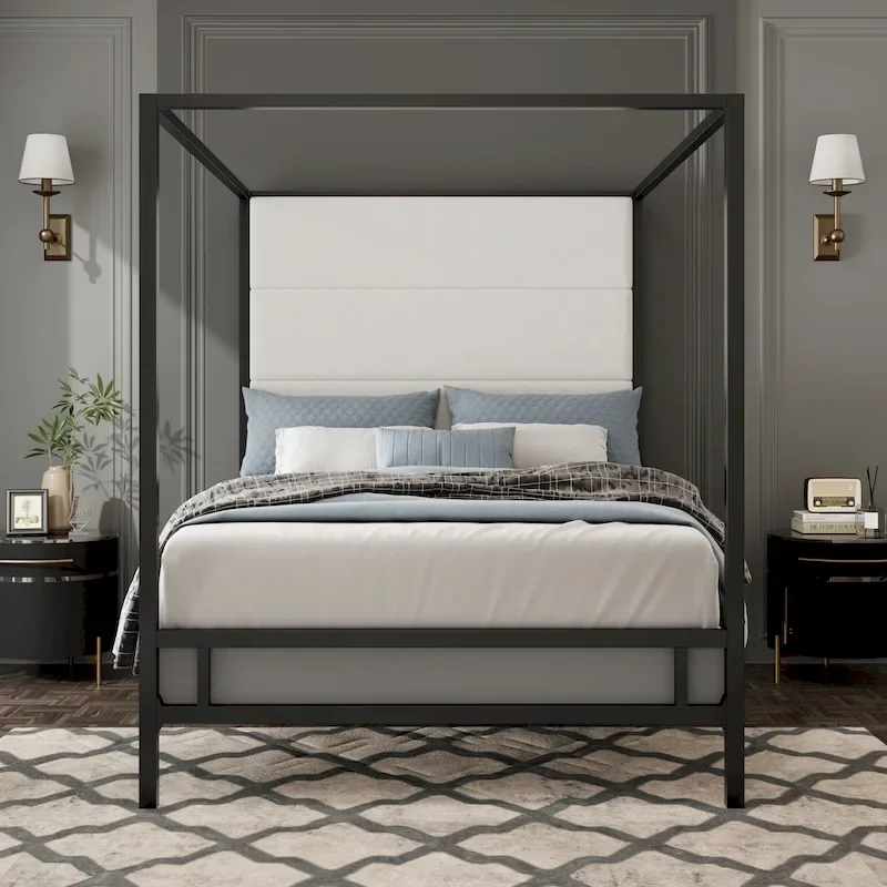 Black White & Gold Tan Metal Canopy Bed, Linen Headboard, 4-Poster, King/Queen, 2-Person
