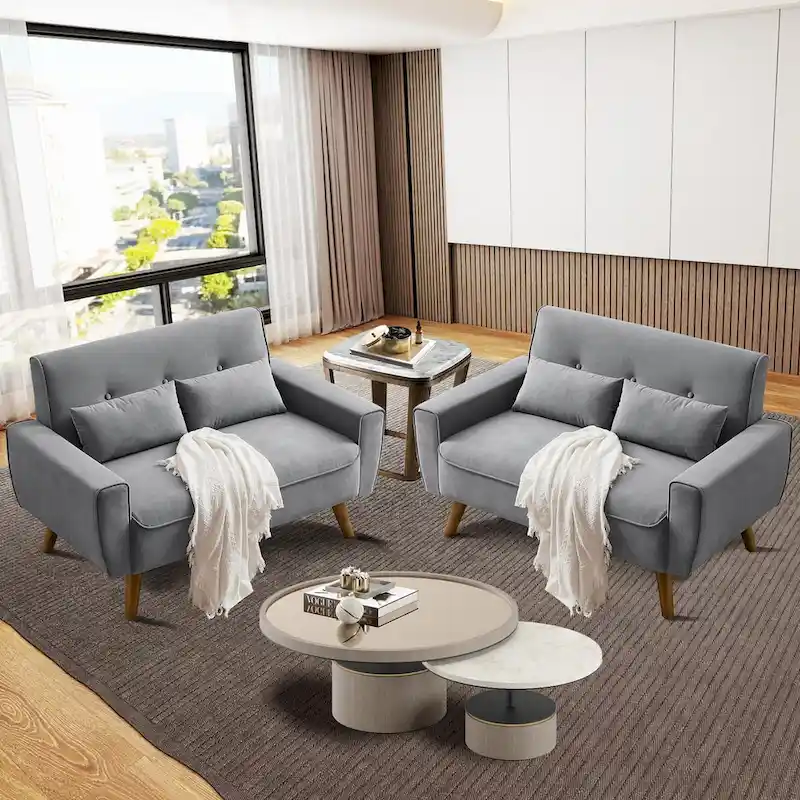 48.82 Small Tufted Loveseat Sofa 2 Set with Tapered Wood Legs