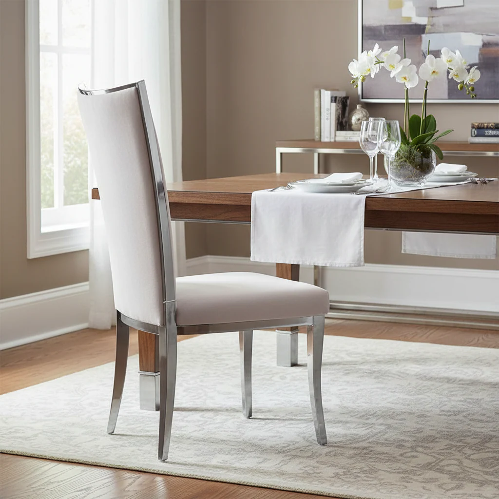 Dark Green / Dark Blue / Black / Taupe / Beige / Grey Velvet Dining Chair with Quilted Back & Silver Stainless Steel Frame – Mid-Century Modern, For 1 Person