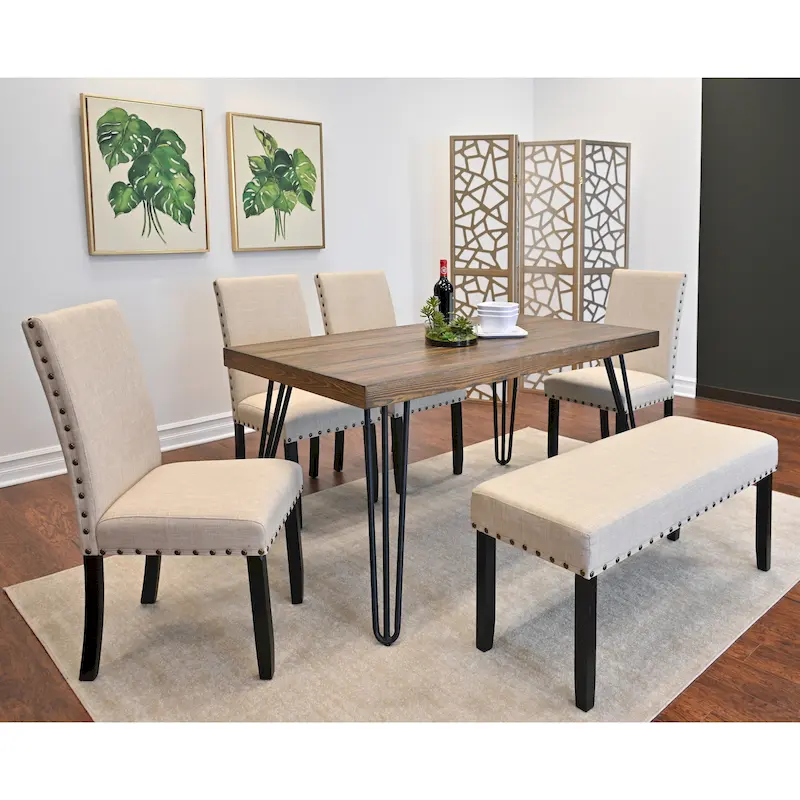 Industrial Style 6-Piece Dining Set with Rectangular Table, 4 Linen Upholstered Chairs and Bench