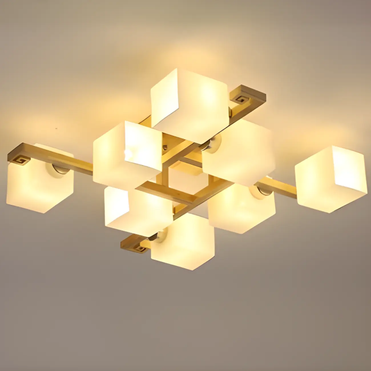 8.5 Height Square Glass Natural Wood Semi Flush Ceiling Light