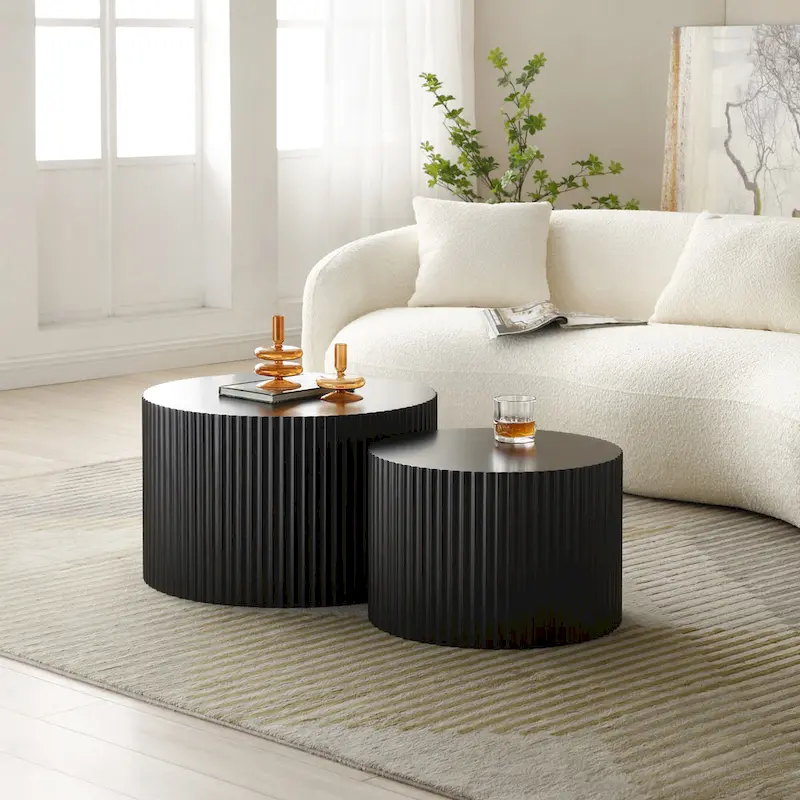 Round Nesting Side Tables, Set of 2 – Black / Natural / Walnut / White / Blue / Orange / Brown / Matte, MDF, 2-Person Use