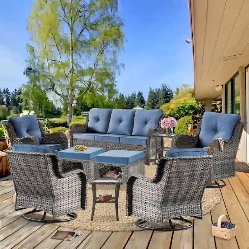 9 Pieces Outdoor Patio Furniture Set Wicker Swivel Chair with Ottoman