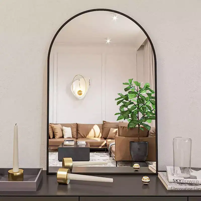 20x30 Inch Black Metal Framed Arched Bathrrom Mirror for Wall.