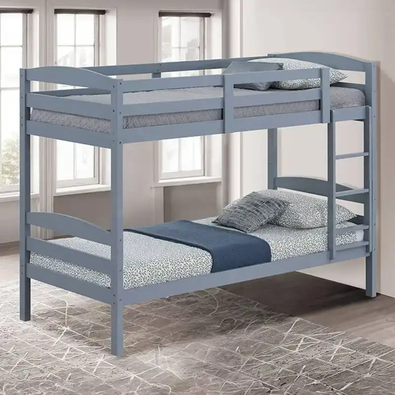 Modern Gray Solid Wood Twin Over Twin Bunk Bed with Ladder
