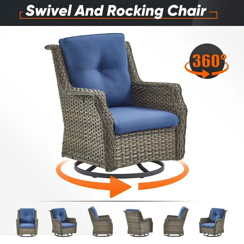 4 Piece Patio Chairs with Ottoman, Swivel Rocking Chairs - Grey