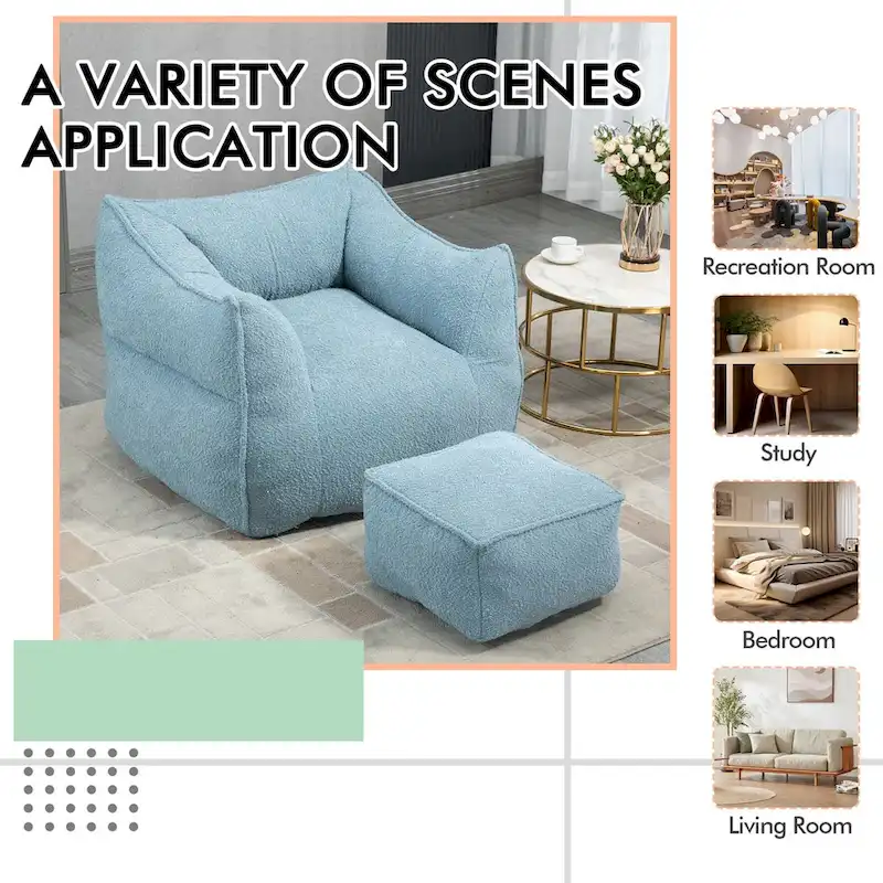 Boucle Upholstered Deep Seat Armless Square Bean Bag Chair with Ottoman