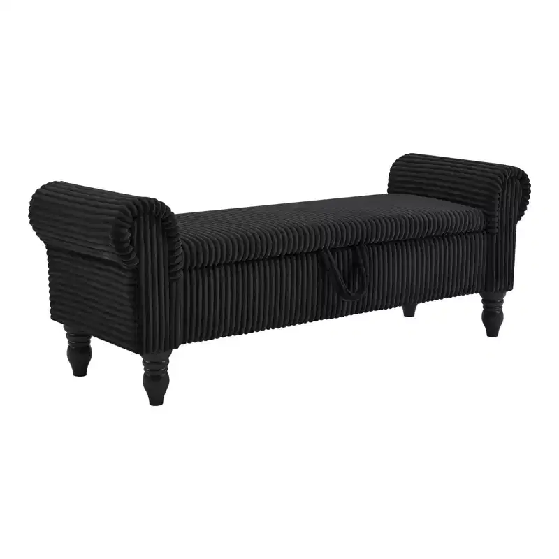 HomeRoots 55 Black Corduroy and Solid Wood Upholstered Storage Bench With Flip Top
