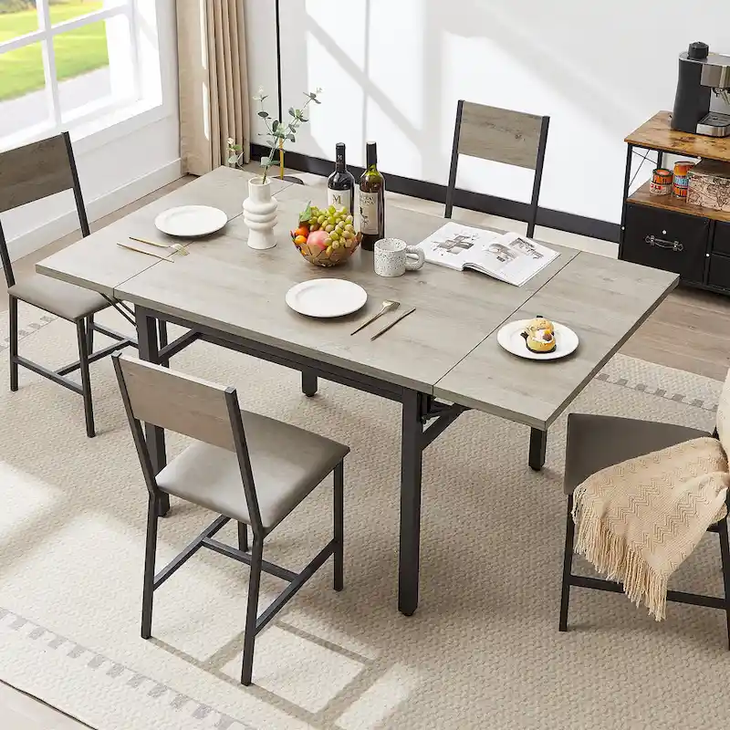 Modern Industrial 63.2 Extendable Dining Table w/Drop Leaf, Seats 6