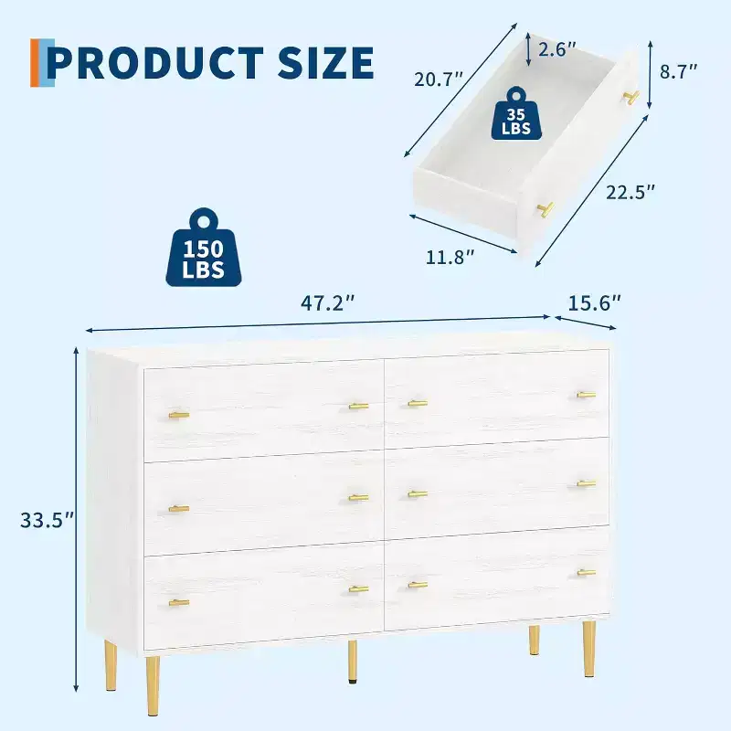 6 Drawers Dresser for Bedroom,Wood Rustic Chest of Drawers with Bar Handles, Vintage Design, Storage Dressers Organizer for Bedroom, Living Room