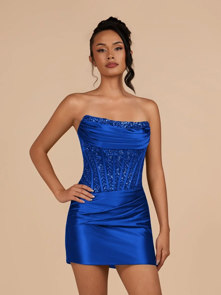 Royal Blue - Strapless Bodycon Satin Pleated Short Homecoming & Cocktail Dresses With Beading